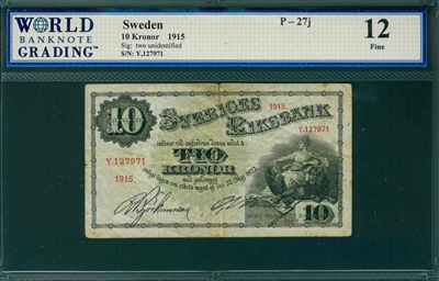 Sweden, P-27j, 10 Kronor, 1915, Signatures: two unidentified,  12 Fine, COMMENT:  repaired tear 