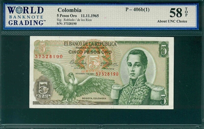 Colombia, P-406b(1), 5 Pesos Oro, 11.11.1965, Signatures: Robledo/de los Rios,  58 TOP About UNC Choice 