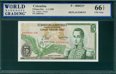 Colombia, P-406f(3)*, 5 Pesos Oro, 1.1.1980, Signatures: Quijno/Ortega,  66 TOP UNC Gem,  REPLACEMENT   