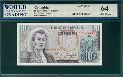 Colombia, P-407g(2)*, 10 Pesos Oro, 7.8.1980, Signatures: Quijno/Ortega,  64 UNC Choice,  REPLACEMENT   