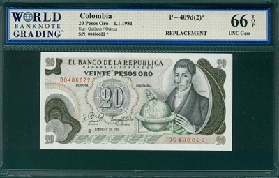 Colombia, P-409d(2)*, 20 Pesos Oro, 1.1.1981, Signatures: Quijno/Ortega,  66 TOP UNC Gem,  REPLACEMENT   
