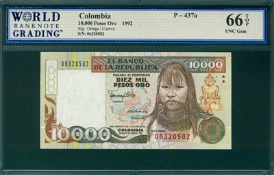 Colombia, P-437a, 10,000 Pesos Oro, 1992, Signatures: Ortega/Cuervo,  66 TOP UNC Gem 