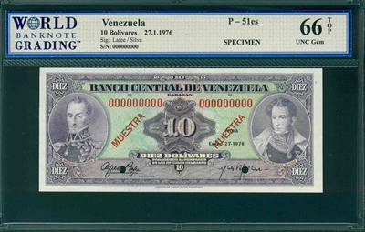 Venezuela, P-51es, 10 Bolivares, 27.1.1976, Signatures: Lafee/Silva,  66 TOP UNC Gem,  SPECIMEN   