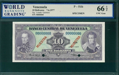 Venezuela, P-51fs, 10 Bolivares, 7.6.1977, Signatures: Losada/Quintero,  66 TOP UNC Gem,  SPECIMEN   