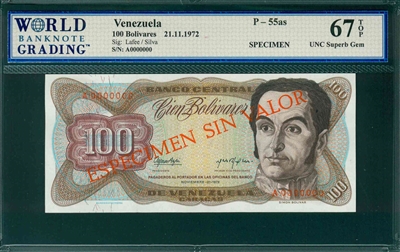 Venezuela, P-55as, 100 Bolivares, 21.11.1972, Signatures: Lafee/Silva,  67 TOP UNC Superb Gem,  SPECIMEN   