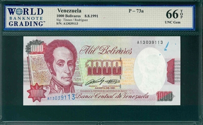 Venezuela, P-73a, 1000 Bolivares, 8.8.1991, Signatures: Tinoco/Rodriguez,  66 TOP UNC Gem 