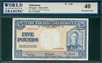 Bahamas, P-12b, 5 Pounds, 1936 (1947), Signatures: Higgs/Latreille/Burnside,  40 Extremely Fine, COMMENT:  graffiti 