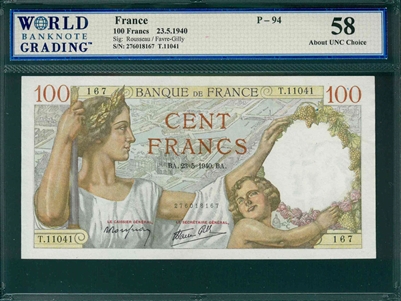 France, P-094, 100 Francs, 23.5.1940, Signatures: Rousseau/Favre-Gilly,  58 About UNC Choice, COMMENT:  erased graffiti