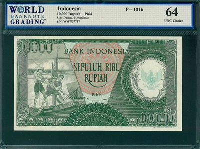 Indonesia, P-101b, 10,000 Rupiah, 1964, Signatures: Dalam/Hertatijanto,  64 UNC Choice, COMMENT:  erased graffiti 