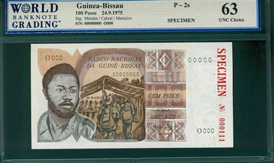 Guinea-Bissau, P-2s, 100 Pesos, 24.9.1975, Signatures: Mendes/Cabral/Monteiro,  63 UNC Choice,  SPECIMEN   