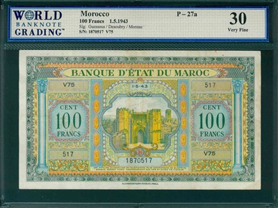 Morocco, P-27a, 100 Francs, 1.5.1943, Signatures: Guessous/Desoubry/Moreau,  30 Very Fine, COMMENT:  margin tear 
