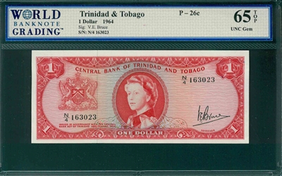 Trinidad & Tobago, P-26c, 1 Dollar, 1964, Signatures: V.E. Bruce,  65 TOP UNC Gem 