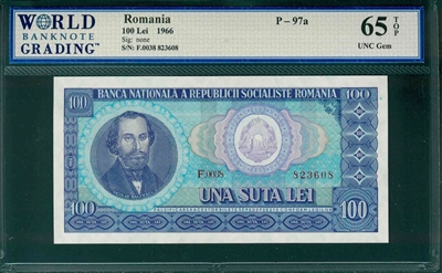Romania, P-97a, 100 Lei, 1966, Signatures: none,  65 TOP UNC Gem 