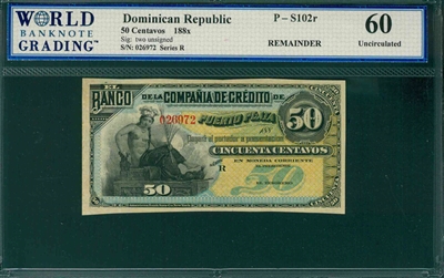 Dominican Republic, P-S102r, 50 Centavos, 188x, Signatures: two unsigned,  60 Uncirculated,  REMAINDER, COMMENT:  uneven cutting 