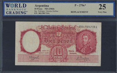 Argentina, P-270c*, 10 Pesos, ND (1960) Signatures: Fabregas/Mendez Delfino, 25 Very Fine