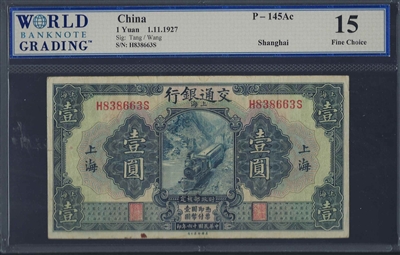 China, P-145Ac, 1 Yuan , 1.11.1927 Signatures: Tang/Wang, 15 Fine Choice