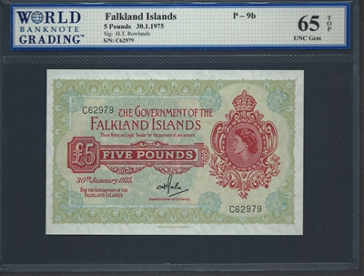 Falkland Islands, P-09b, 5 Pounds, 30.1.1975, Signatures: H.T. Rowlands, 65 TOP UNC Gem