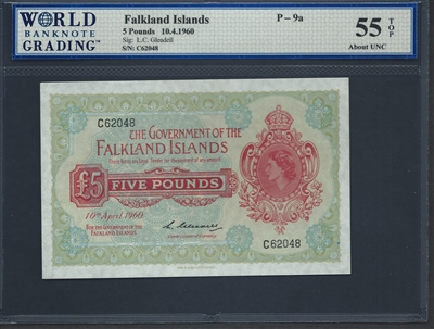 Falkland Islands, P-09a, 5 Pounds, 10.4.1960, Signatures: L.C. Gleadell, 55 TOP About UNC