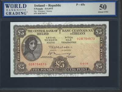 Ireland - Republic, P-65c, 5 Pounds, 5.9.1975, Signatures: Whitaker/Murray, 50 About UNC