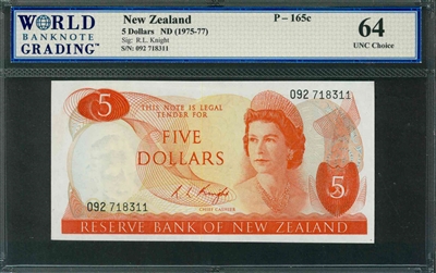 New Zealand, P-165c, 5 Dollars, ND (1975-77), Signatures: R.L. Knight, 64 UNC Choice