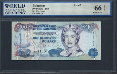 Bahamas, P-67, 100 Dollars, 2000, Signatures: J.W. Francis, 66 TOP UNC Gem
