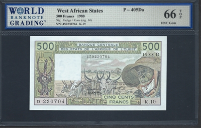 West African States, P-405Da, 500 Francs, 1988, Signatures: Fadiga/Kone (sig. 14), 66 TOP UNC Gem