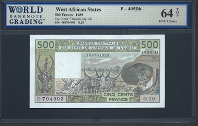 West African States, P-405Dh, 500 Francs, 1989, Signatures: Kone/Ouattara (sig. 21), 64 TOP UNC Choice