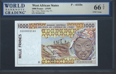West African States, P-411De, 1000 Francs, (19)95, Signatures: Cisse/Banny (sig. 27), 66 TOP UNC Gem