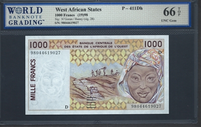 West African States, P-411Dh, 1000 Francs, (19)98, Signatures: N'Goran/Banny (sig. 28), 66 TOP UNC Gem