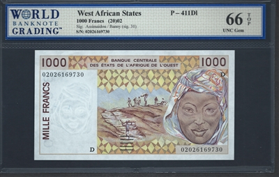 West African States, P-411Dl, 1000 Francs, (20)02, Signatures: Assimaidou/Banny (sig. 31), 66 TOP UNC Gem