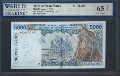 West African States, P-413Da, 5000 Francs, (19)92, Signatures: Korsaga/Ouattara (sig. 23), 65 TOP UNC Gem