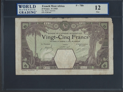 French West Africa, P-07Bb, 25 Francs, 9.7.1925, Signatures: Boyer/Nouvion, 12 Fine