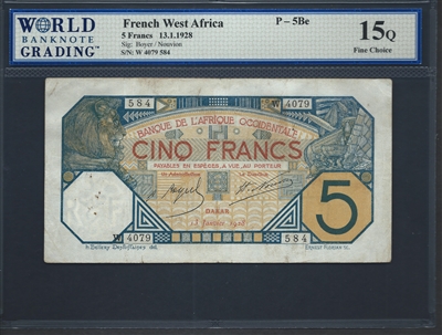 French West Africa, P-05Be, 5 Francs, 13.1.1928, Signatures: Boyer/Nouvion, 15Q Fine Choice