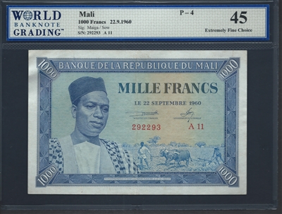 Mali, P-04, 1000 Francs, 22.9.1960, Signatures: Maiga/Sow, 45 Extremely Fine Choice
