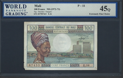 Mali, P-11, 100 Francs, ND (1972-73), Signatures: Dussine/Sangare, 45Q Extremely Fine Choice