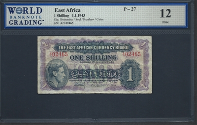 East Africa, P-27, 1 Shilling, 1.1.1943, Signatures: Bottomley/Seel/Kershaw/Caine, 12 Fine
