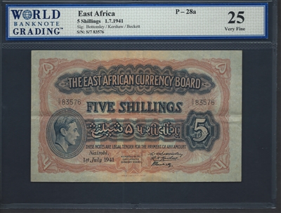 East Africa, P-28a, 5 Shillings, 1.7.1941, Signatures: Bottomley/Kershaw/Beckett, 25 Very Fine