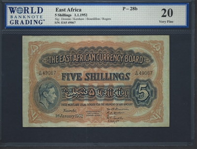 East Africa, P-28b, 5 Shillings, 1.1.1952, Signatures: Downie/Kershaw/Bourdillon/Rogers, 20 Very Fine