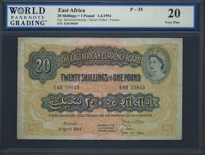 East Africa, P-35, 20 Shillings=1 Pound, 1.4.1954, Signatures: Beresford-Stooke/David/Fisher/Vernon, 20 Very Fine
