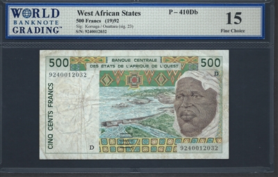 West African States, P-410Db, 500 Francs, (19)92, Signatures: Korsaga/Ouattara (sig. 23), 15 Fine Choice