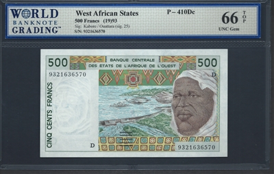 West African States, P-410Dc, 500 Francs, (19)93, Signatures: Kabore/Ouattara (sig. 25), 66 TOP UNC Gem