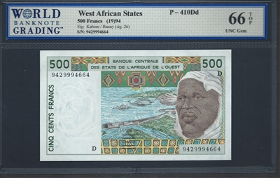 West African States, P-410Dd, 500 Francs, (19)94, Signatures: Kabore/Banny (sig. 26), 66 TOP UNC Gem