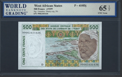 West African States, P-410Dj, 500 Francs, (19)99, Signatures: Gnandou/Banny (sig. 29), 65 TOP UNC Gem