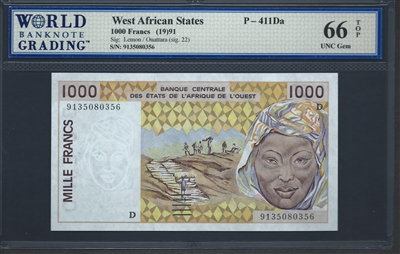 West African States, P-411Da, 1000 Francs, (19)91, Signatures: Lemon/Ouattara (sig. 22), 66 TOP UNC Gem