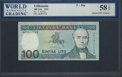 Lithuania, P-50a, 100 Litu, 1991, Signatures: V. Baldisis, 58 TOP About UNC Choice