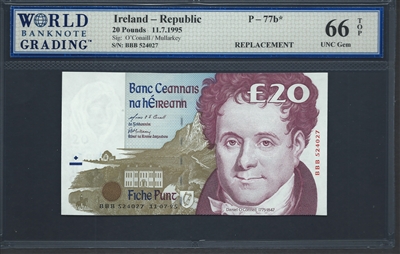 Ireland - Republic, P-77b*, REPLACEMENT, 20 Pounds, 11.7.1995, Signatures: O'Conaill/Mullarkey, 66 TOP UNC Gem