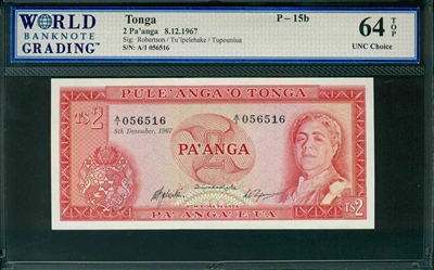 Tonga, P-15b, 2 Pa'anga, 8.12.1967, Signatures: Robertson/Tu'ipelehake/Tupouniua, 64 TOP UNC Choice