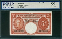 Jamaica, P-37b, 5 Shillings, 27.5.1957, Signatures: E.R. Richardson, 55 TOP About UNC