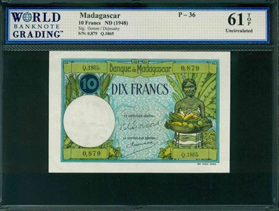 Madagascar, P-36, 10 Francs, ND (1948), Signatures: Gonon/Dejouany, 61 TOP Uncirculated