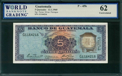 Guatemala, P-45b, 5 Quetzales, 13.1.1960, Signatures: Porras/Rivas/Paniagua, 62 Uncirculated